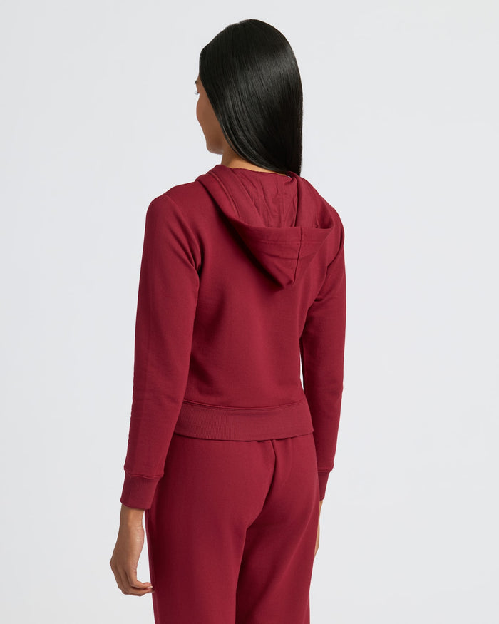 Womens Dark Maroon Crop Zip Hoodie & Relaxed Jogger back view.