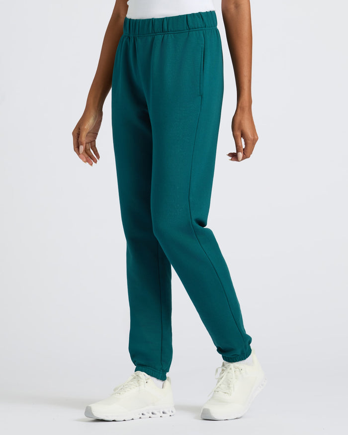 Womens Deep Emerald Slouch Pullover Crew & Relaxed Jogger, teal-green joggers, white tank.