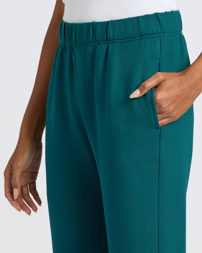 Womens Deep Emerald Slouch Pullover Crew & Relaxed Jogger close-up.