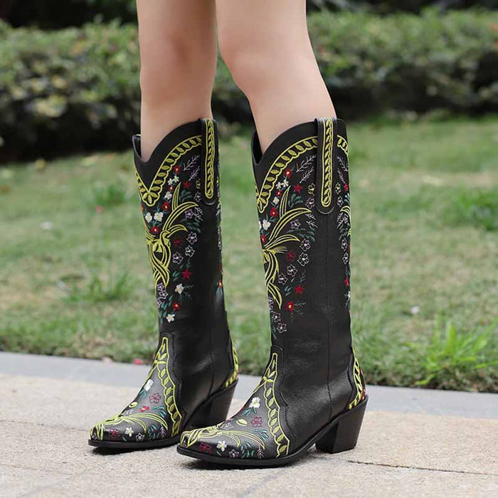 Women's knee length cowgirl boots with colorful floral embroidery for stylish country fashion