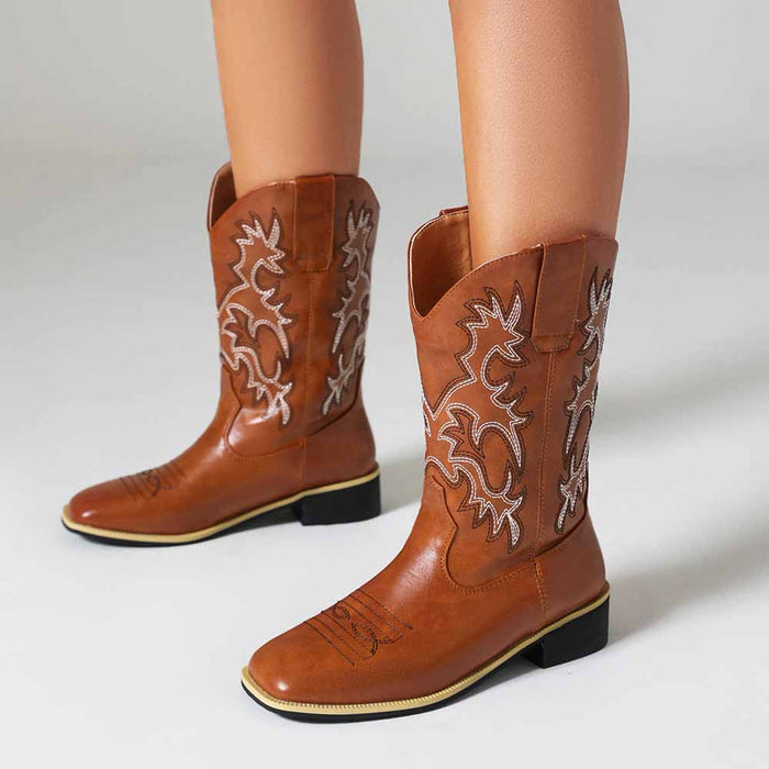 Womens low heel west boots cowboy mid-calf boots
