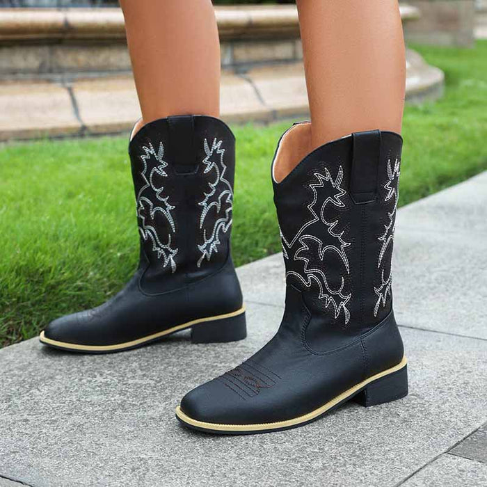 Womens low heel west boots cowboy mid-calf boots