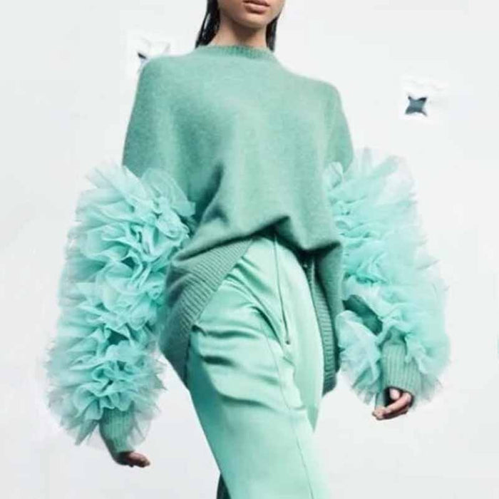 Women's Mint Sweater Loose Trendy Sweater With Lace Sleeves