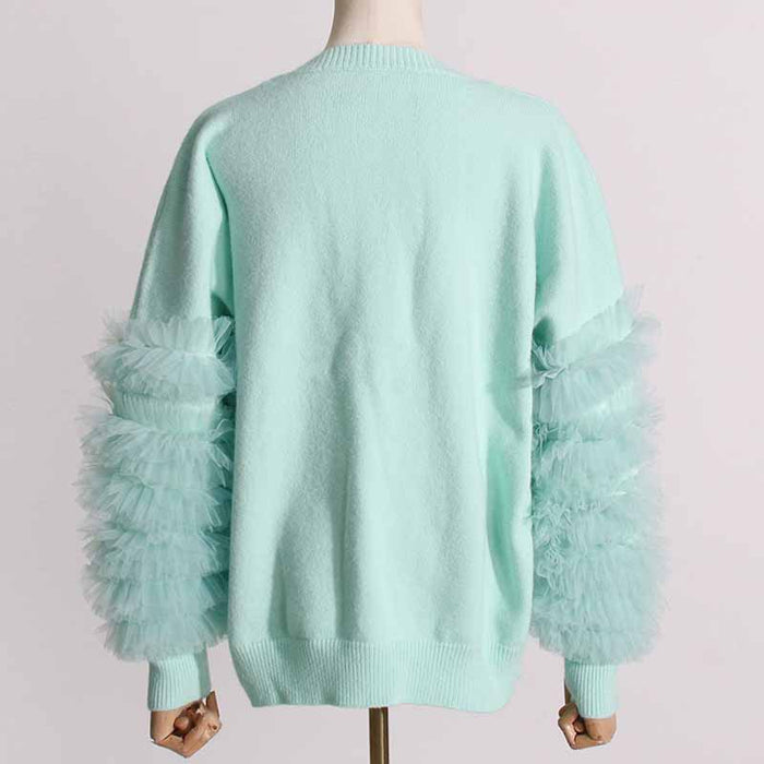 Women's Mint Sweater Loose Trendy Sweater With Lace Sleeves