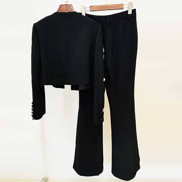 Womens Pantsuit Hand Sewn Pearls Jewellery Crop Blazer Jacket + Flare Trousers Side Slit Pants Suit