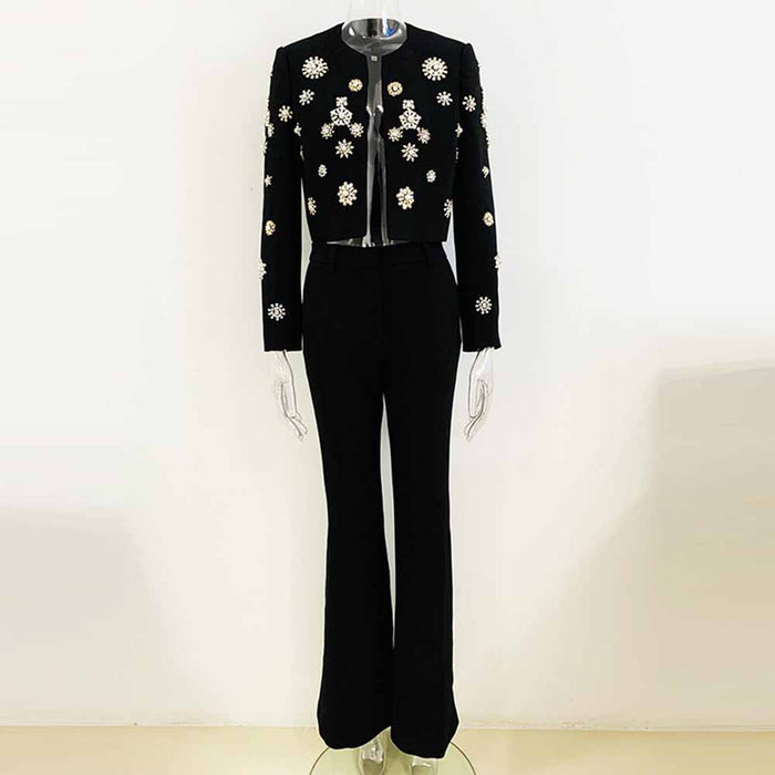 Womens Pantsuit Hand Sewn Pearls Jewellery Crop Blazer Jacket + Flare Trousers Side Slit Pants Suit