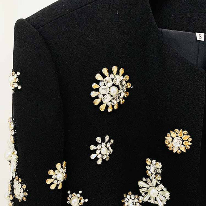 Womens Pantsuit Hand Sewn Pearls Jewellery Crop Blazer Jacket + Flare Trousers Side Slit Pants Suit
