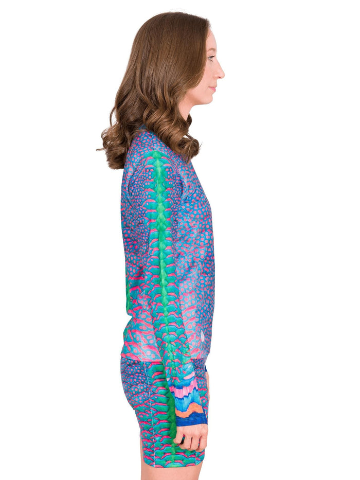 Model: Katherine is a marine biologist and environmental scientist. She is 5'8", 120 lbs, 32B and is wearing a size XS Women's Crew Neck Sun Shirt and S shorts.