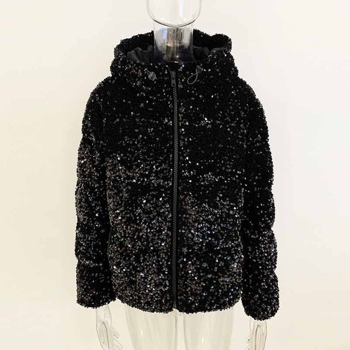 Women's Sequin Velvet Short Puffer Jacket Blingbling White duck down jacket