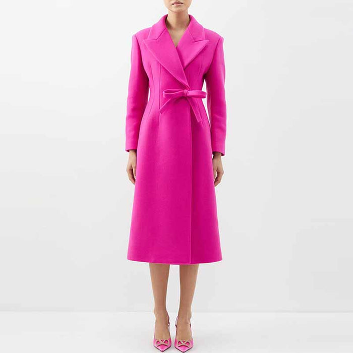 Women's Winter Autumn Bow Details Long Warm Hot Pink Coat