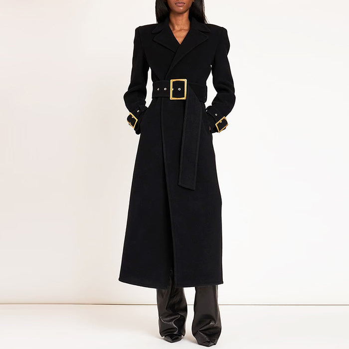 Women's Winter Autumn Golden BUCKLE Belt Black Long Coat, Wedding, Formal Events