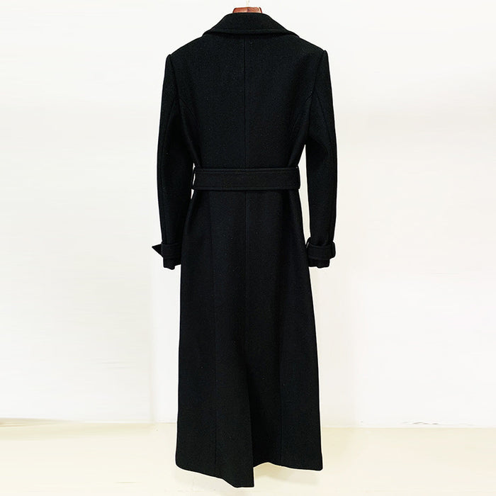 Women's Winter Autumn Golden BUCKLE Belt Black Long Coat, Wedding, Formal Events