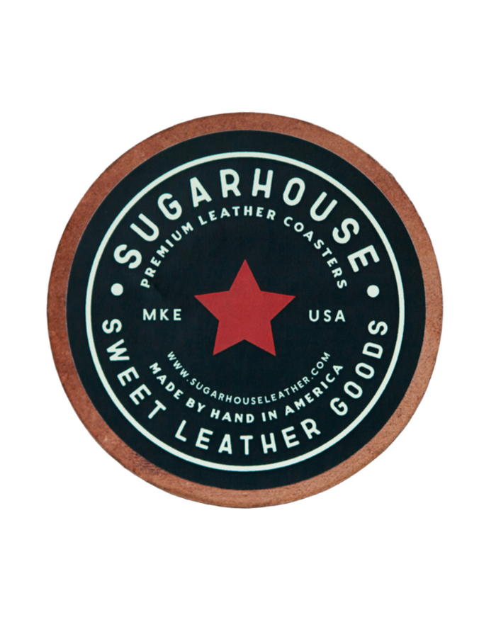 Sugarhouse premium handmade leather coaster back - logo sold by Le Monkey House