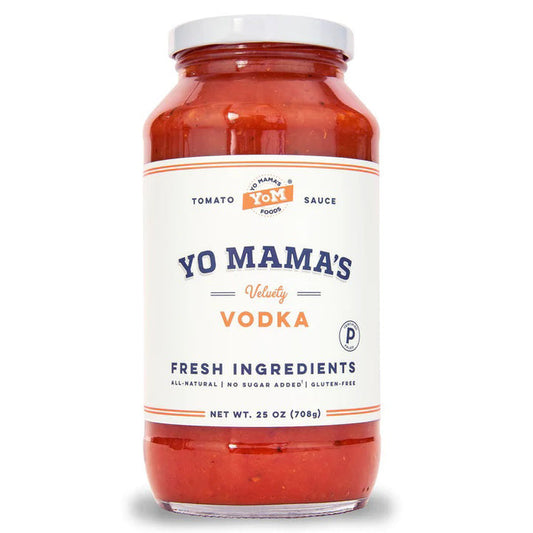 A 25 oz (708g) jar of YO MAMA'S - VODKA SAUCE by YO MAMA'S FOODS, featuring a white label and red lid. Highlights: fresh ingredients, keto certified, no sugar added, all-natural, and gluten-free.