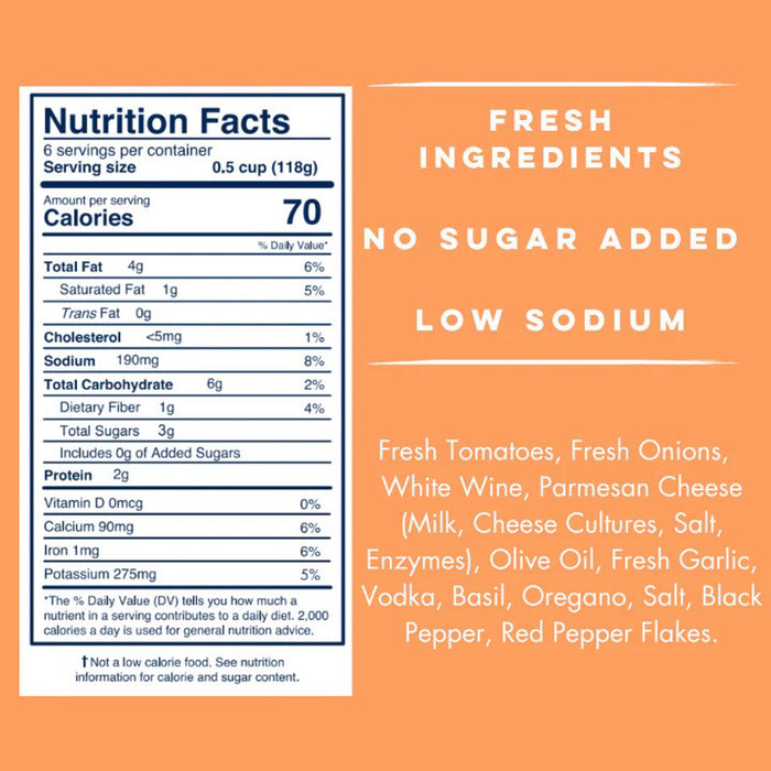A 25 oz (708g) jar of YO MAMA'S - VODKA SAUCE by YO MAMA'S FOODS, featuring a white label and red lid. Highlights: fresh ingredients, keto certified, no sugar added, all-natural, and gluten-free.