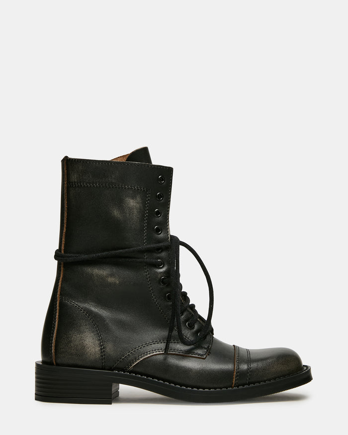 YUKON Black Distressed Lace-Up Moto Combat Women's Ankle Boot | Steve Madden