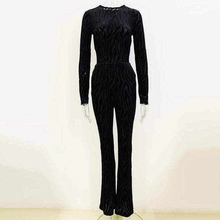 Zebra Velvet Black Bodysuit with flared trousers in black